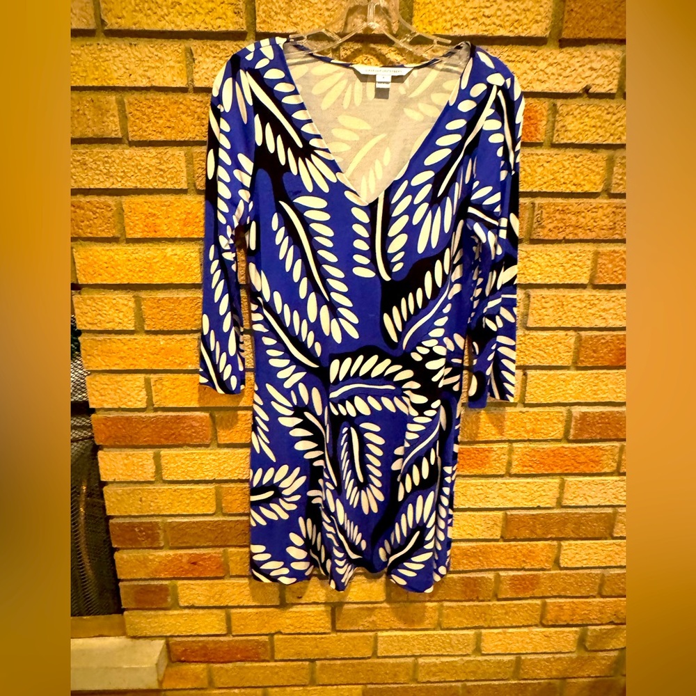 Diane von Furstenberg.  Blue, cream and black, a-line dress. Size 6